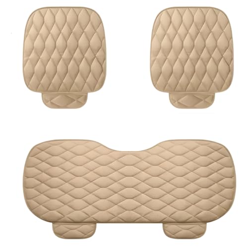 Image of Hicle Premium Beige Car Seat Cushion Set - 3 Piece Anti-Slip PU Leather Seat Covers for Front & Rear Seats - Universal Fit for Most Cars