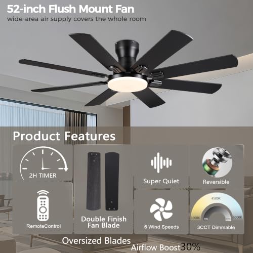 Image of JSAITEE Ceiling Fans with Lights, 52 Inch Low Profile Ceiling Fan | Ceiling Fan with Light Flush Mount, DC Reversible Motor, Noiseless, Black 6 Speeds Ceiling Fan for Bedroom