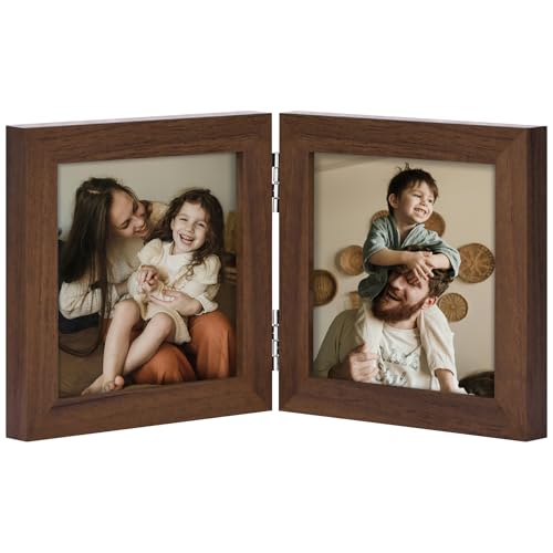 decorUhome Double 4x4 Picture Frame Vertical, Engineered Wood Bifold Photo Frame with Plexiglass for Tabletop Display, 4x4, Brown