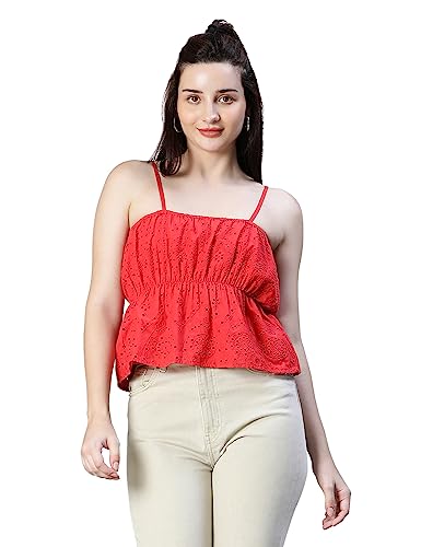 Image of oxolloxo Women Schiffli Elsaticated Shoulder Strap Cotton Top
