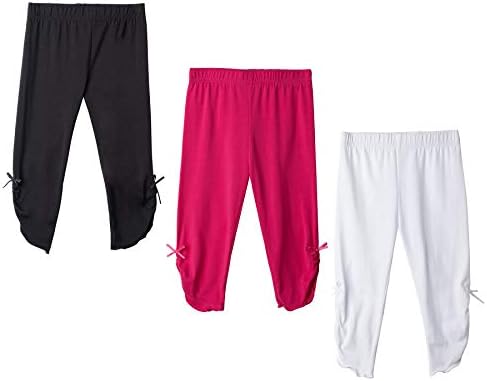 Flaryzone Toddler/Little Girls' Basic Capri Leggings with Knots Stretchy Soft Cotton Pleated Cropped Tights (Black/White/Rose Red Pink-3 Pack, 2T Toddler)