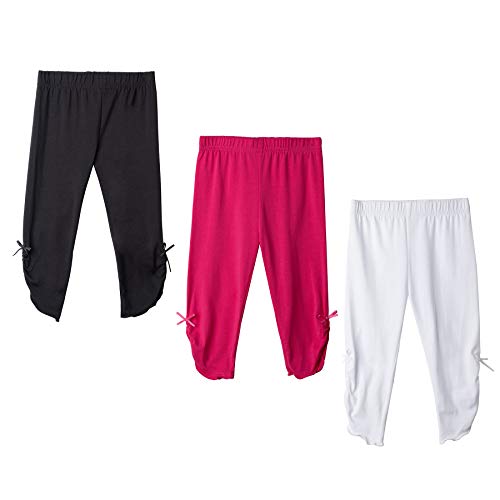 Flaryzone Toddler/Little Girls' Basic Capri Leggings With Knots Stretchy Soft Cotton Pleated Cropped Tights (Black/White/Rose Red Pink-3 Pack, 3T Toddler) #TOP13