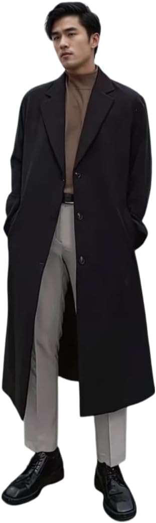 SAINLY Mens Classic Wool Three Button Traditional Overcoat long Coat Vintage Trench Coat Winter Outerwear Black Jacket