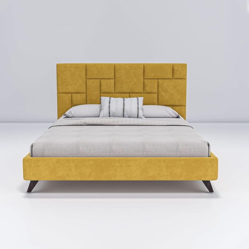 Image of Amazon Brand - Solimo Wood Cube Queen Size Bed with Fabric Upholstery | Modern Wooden Double Bed Without Storage Cot Platform Furniture for Bedroom and Livingroom | 6.5 x 6 Feet (Yellow)