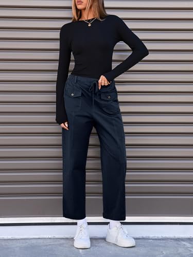 Fisoew Womens 100% Cotton Cargo Pants Drawstring Elastic Waist Casual Hiking Work Pants with Multiple Pockets4