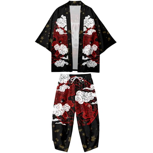 Image of DOSLAVIDA Men's Japanese Kimono Jacket Set Stylish Open Front Coat With Shorts Chinese Style Printed Cardigan Suit