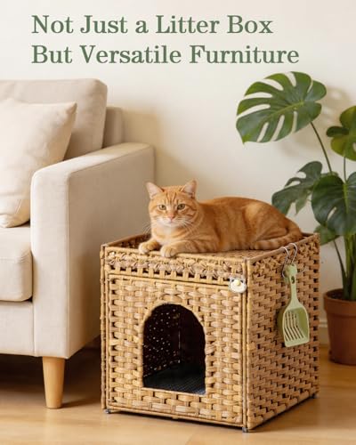 SETVSON Cat Litter Box Enclosure Furniture, Hidden PE Rattan, Natural | PE Rattan Kitty House with Top Fence, Fits Standard Litter Box, Included Litter Mat, 2 S-Hooks, Sturdy Metal Frame