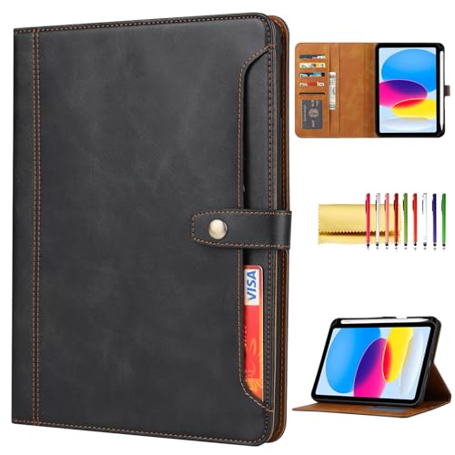 Folio Case for iPad (A16) 11' 2025 / iPad 10th Generation 2022, TECHCIRCLE Vegan Leather Folding Stand [Pencil Holder] Soft TPU Back Shell Protective Smart Cover with Card Slots & Pockets, Black