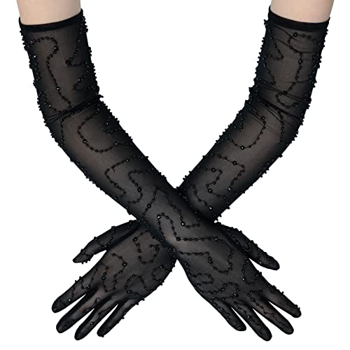 BABEYOND Mesh Gloves for Women - Long Tulle Gloves Wedding Opera Bridal Sheer Elbow Gloves Flapper Accessories for Brides, D-black, One size
