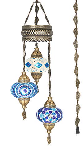 Demmex 2019 Turkish Moroccan Mosaic Hardwired Or Swag Plug In Chandelier With 15Feet Cord Cable Chain & 3 Big Globes (Blue Space) (Blue (Plug In)) #TOP1