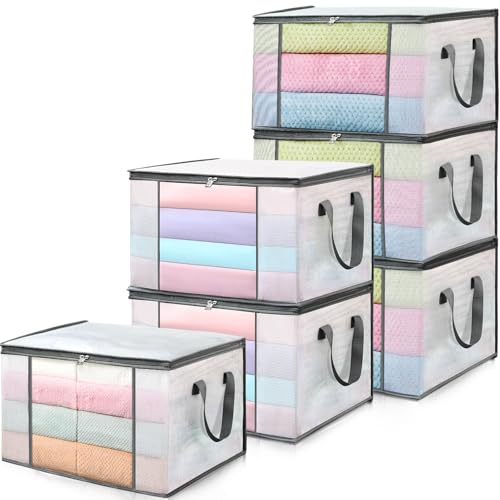 LANDNEOO 6-Pack Clothes Storage Bags, Plastic Foldable Blanket Storage bins, Closet Organizer Container for Bedroom, Bedding, Comforters, Pillows, and Clothing - 60L with Handles
