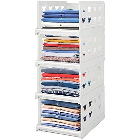 Hossejoy Extra Large Set of 4 Stackable Wardrobe Storage Organiser, Foldable Wardrobe Storage Box Organizer, Plastic Closet Organiser Shelves Basket, Perfect for Home, Bedroom, Office Cover