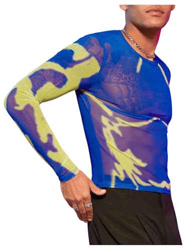 WDIRARA Men's Mesh Shirts Long Sleeve Rave See Through Tee Crewneck Party Club Wear Top4