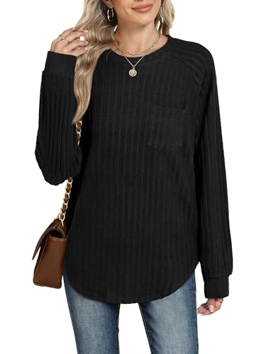 Ruisita Women's Long Sleeve Tops Lightweight Knit Jumpers Ladies Casual Loose Fit Sweatshirts Black