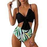 Traje de baño de Dos Piezas con Lazo Frontal y Estampado Floral Top Tankini con Cintura Alta Muy romántico y Juvenil