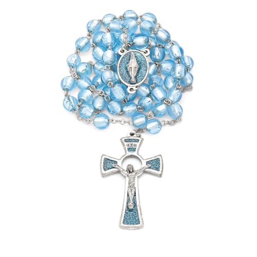 Mondo Cattolico Rosary Beads catholic for Women and Men from Vatican, Venetian Glass Rosary of the Miraculous Virgin - Perfect Catholic gifts (Aquamarine)