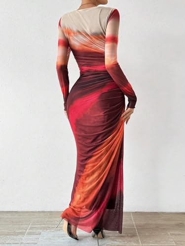 Image of MARZXIN Women Long Sleeve Maxi Dress Bodycon Ruched Formal Slim Fit Tie Dye Dress Formal Mesh Dress