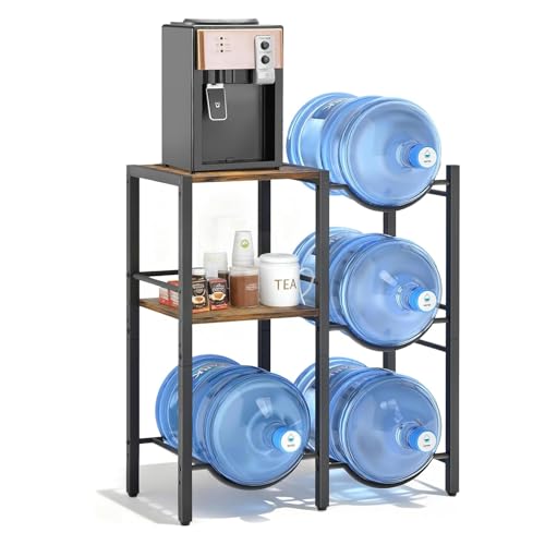 5-Gallon Water Jug Holder 3-Tier Heavy Duty Water Bottle Stand with 2 Wood Tabletop Shelf Waters Bottle Organizer for Kitchen Office Living Room Garages Restaurant Gym