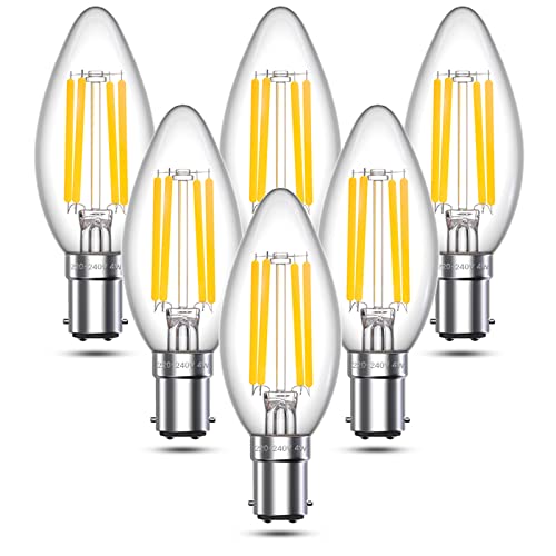 Klarlight B15 LED Candle Bulbs Dimmable Warm White 2700K SBC Small Bayonet Cap 4W B15d C35 LED Filament Light Bulb, 40W Incandescent Bulbs Equivalent for Chandelier, Pendants Light (6 Packs)