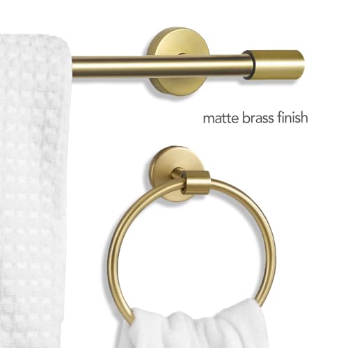 Image of GLOBE Electric 63000063 5-Piece All-in-One Bathroom Set, Matte Brass Finish, 3-Light Vanity Light, Glass Shades, Towel Bar, Toilet Paper Holder, Towel Ring, Robe Hook, Bathroom Lights Over Mirror