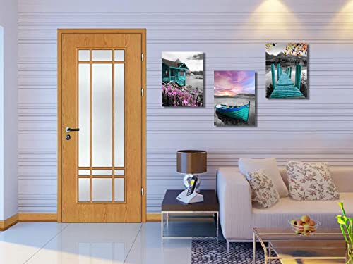 Ardemy Teal Wall Art Landscape Lake House Canvas Painting Cabin Purple Sailboat Pictures, Summer Cottage Farmhouse Artwork Framed For Bathroom Living Room Bedroom Kitchen Wall Decor 16"X20"X3 Panels #TOP1