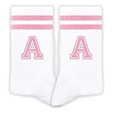 ATOERNCSO Pink And White-Striped Letter Socks, Sports Socks For Women, Pink Team socks, Friends And Family, Birthday Gift.(A)
