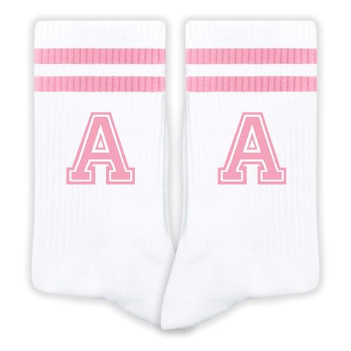 ATOERNCSO Pink And White-Striped Letter Socks, Sports Socks For Women, Pink Team socks, Friends And Family, Birthday Gift.(A)