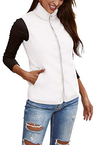 Womens Sherpa Fleece Vest with Pockets Spring Coat Soft Classic Fuzzy Fleece Sherpa Vest Jacket Outwear Dark White L