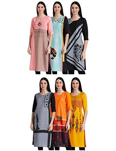 Pop Mantra Women’S Crepe Straight Kurta (Pack Of 6) (088-093-123-094-086-122-M_Multi_M)