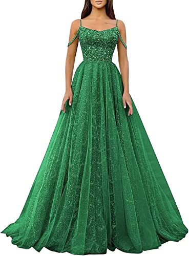 Cold Shoulder Sequin Prom Dresses Sparkly Glitter Tulle Long Ball Gowns for Women Formal