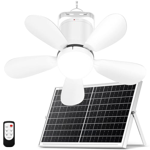 ZIZIWIN Solar Ceiling Fan Light, 25W Solar Powered Portable Gazebo Fan with Remote, Wireless Battery Operated Ceiling Fan Light Outdoor, for Camping RVs Tent Patio Canopy Chicken Coop Outside
