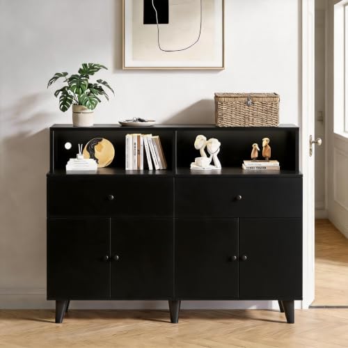Doppeltcharms 47.2" Coffee Bar Cabinet with LED Lights & Power Outlets, Wood Kitchen Pantry Cabinet with Drawers & Adjustable Shelves, Freestanding Buffet Sideboard Storage Cabinet for Dining Room
