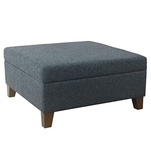 HomePop Square Storage Ottoman with Wood Legs, Textured Navy