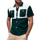 Generisch - Camisa de hombre con doble bolsillo para hombre, estilo informal, manga corta, manga corta, cómoda, diseño de gofrado de algodón, camisa de verano, verde oscuro, XXL