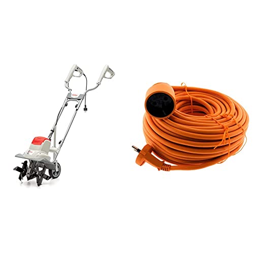 Ikra Motobineuse électrique IEM 800 S, Largeur de Travail 30cm, Profondeur 20cm, 800 W Gris/Rouge/Noir & Zenitech Prolongateur 16A HO5VV F 2X 1,5 2P sans Terre Orange 25m