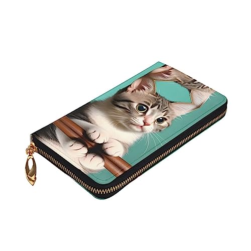 Leather Wallet 7.48 x 4.13 in - Stylish and Durable Wallet for Women with Multiple Compartments and Zipper Design A curious cat Pattern3