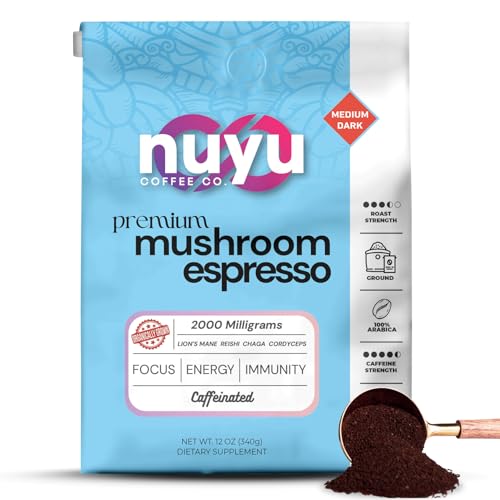 Nuyu Premium Mushroom Coffee, 12 oz, Fine Espresso Ground 100% Arabica, 2000mg Functional Mushrooms, Lion's Mane, Reishi, Chaga, Cordyceps for Cognition, Energy and Wellness (12oz, Espresso Roast)