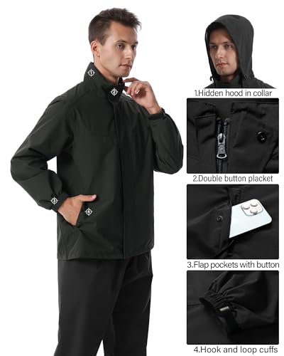 iCreek Rain Suit Waterproof Hooded Rain Gear Breathable Lightweight Packable Rain Jacket Pants Men Women for Hiking Fish Golf (Black, M)
