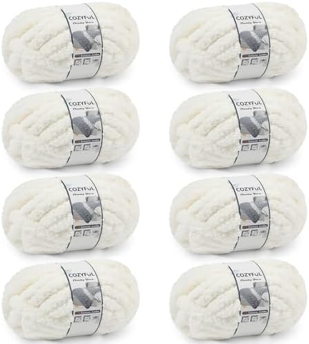 Cozyful Chunky Yarn for Hand Knitting - #10 Chunky Chenille Yarn, Jumbo Big Thick Chunky Yarns for Crocheting, Super Bulky Chunky Knit Blanket Yarns, 8 Skein (25 yds 8 oz Each Skein), Cream