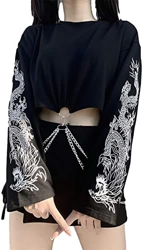TSMNZMU Women's Gothic Punk Dragon Print Long Sleeve Iron Chain Hoodie Sweater Goth Black Hoodies Top