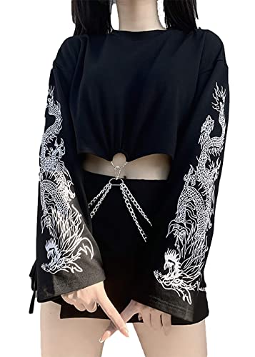 Tsmnzmu Women's Gothic Punk Dragon Print Long Sleeve Iron Chain Hoodie Sweater Goth Black Hoodies Top Large #TOP27