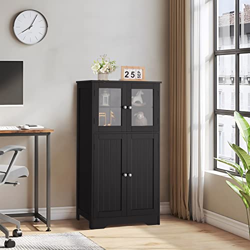 Iwell Bathroom Cabinet, Linen Storage Cabinet With Glass Doors & Adjustble Shelf, Bathroom Floor Cabinet, Cupboard For Living Room, Office, Enterway, Black #TOP7