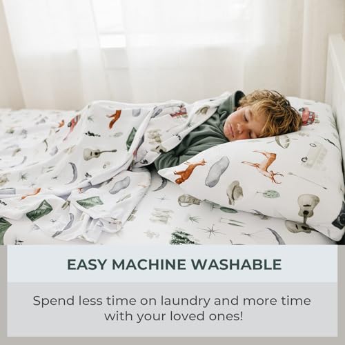 Image of Pobibaby Premium Twin Full Sheets Sets, Kids Double Bed Sheets in Cotton Blend | Ultra-Soft Woodland Camping Print with Fitted Sheet, Flat Sheet & Pillowcases (Twin Explore)