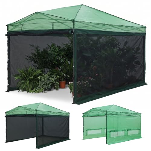 Image of EAGLE PEAK Instant Pop up Greenhouse, Indoor Outdoor Plant Gardening Green House with Interchangeable PE & Mesh Wall Panels - Winter Support Pole, Walk in 12x8 ft, Green /Clear