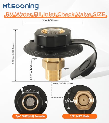 Image of RV City Water Fill Inlet with Elbow Check Valve, 3 /4 NH Female to 1 /2 NPT Male RV Water Hose Brass Connector Replacement for RV Camper Motorhome Trailer Marine Black
