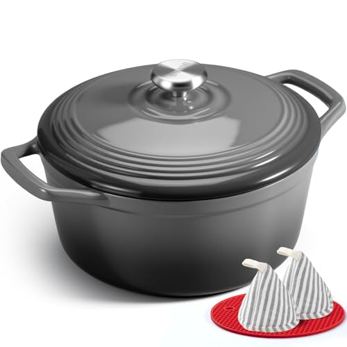 Image of Overmont Enameled Cast Iron Dutch Oven - 5.5QT Pot with Wide Handles Lid Cookbook & Cotton Potholders - Heavy-Duty Pre-Seasoned Cookware Oven Safe to 500F for Braising, Stews, Roasting, Sourdough Baking Grey