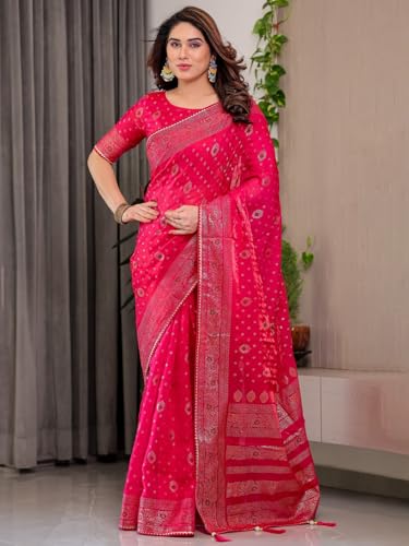 Image of ALMAARI FASHION Fendy Satin Foil Print Floral Saree with Tassels, Traditional Butti Motifs, 5.5m with 0.8m Blouse (FOIL 102 PINK H)