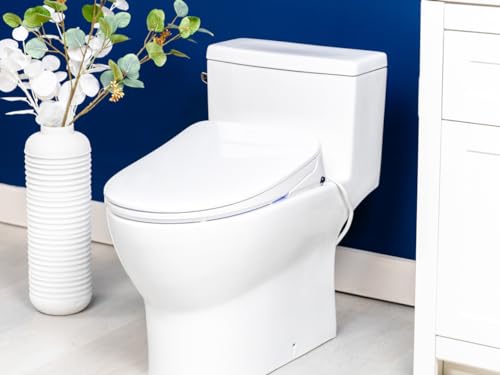 Image of ALPHA BIDET iX Pure Bidet Toilet Seat in Elongated White | Ultra Low Profile | Endless Warm Water | Arced Stainless Steel Nozzle | Blue LED Nightlight | Dryer
