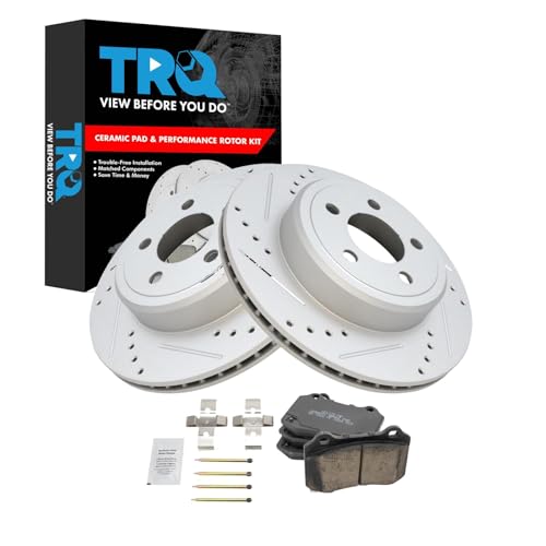 Image of TRQ Performance Rear Brake Pad and Rotor Set Ceramic Coated Drilled Slotted Vented Rotors Compatible with 2011-2018 Dodge Challenger 2014-2018 Charger