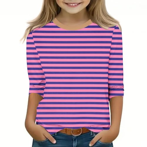 Girls Striped Print 3/4 Sleeve Shirts Summer Trendy Casual Tshirts Loose Fit Lightweight Crewneck Tee Soft Comfy Tops2